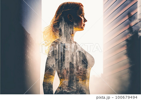 Businesswoman double exposure with city background 100679494