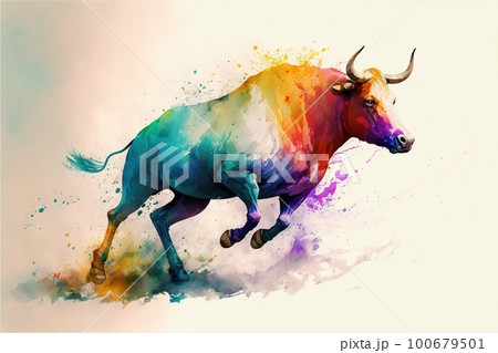 Vibrant watercolor painting showcase abstract art of vivid bull 100679501