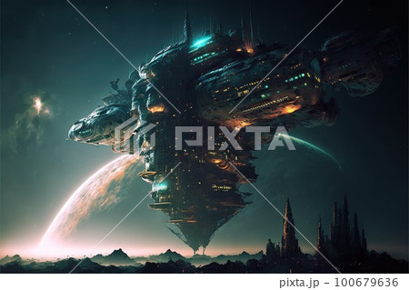 Sci-fi fantasy floating city in the vastness spaceのイラスト素材 [100679636 ...