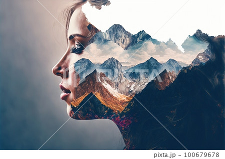 Double exposure woman with cloudscape and mountain background 100679678