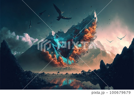 Digital artwork of beautiful and surreal mountain range landscape 100679679