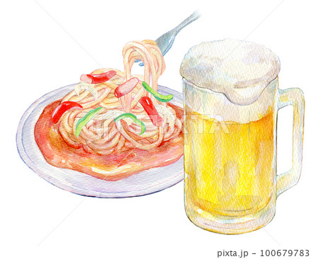 あんかけスパゲティと生ビール　水彩イラスト 100679783