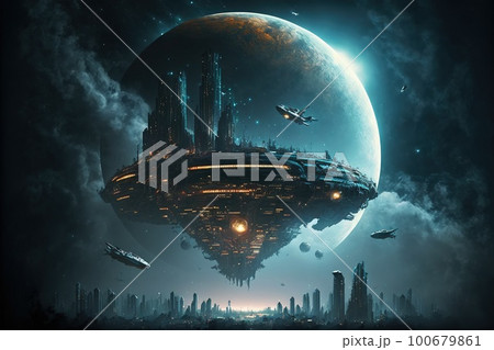 Sci-fi fantasy floating city in the vastness spaceのイラスト素材 [100679861 ...