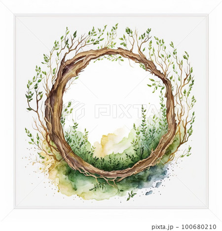 Watercolor painting of intricate tree root arranged in circular pattern 100680210