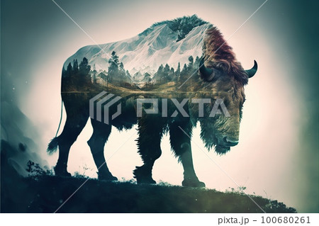 Male bison grazing on grassland with double exposure natural background 100680261