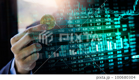 Modern way of exchange. Bitcoin is convenient payment in global economy market. Virtual digital currency and financial investment trade concept. Abstract cryptocurrency with gold bitcoin background.. 100680304