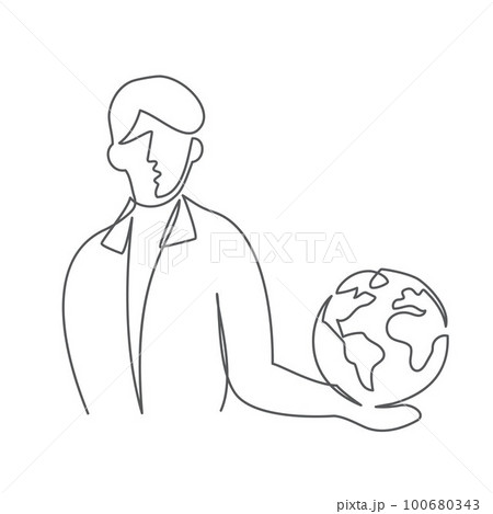 Man with earth globe on hand One line drawing on white 100680343