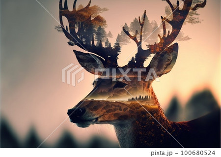 Beautiful deer in the woods double exposure with natural background. 100680524