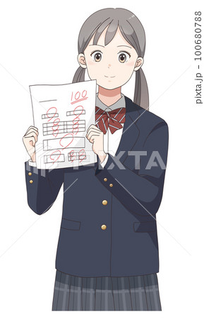 テストで100点満点を取る学生服の女の子(ツインテールへア) 100680788