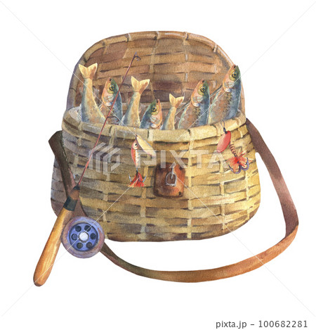 Fishing bag filled with fish, next to the fishing rod. Watercolor illustration isolated on a white background. 100682281