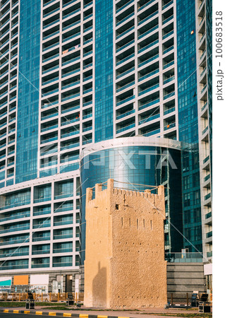 Ajman, United Arab Emirates. Ancient Old Stone AlMurabbaa Watchtower Of Ajman. Famous Landmar 100683518
