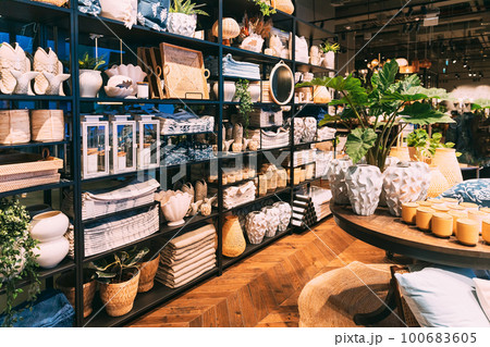 View of assortment of decor for interior shop in store of shopping center. Home accessories and household products in store of shopping center. Home plant in flower pot View of assortment of decor for interior shop in store of shopping center. Home accessories and household products in store of shopping center. Home plant in flower pot 100683605