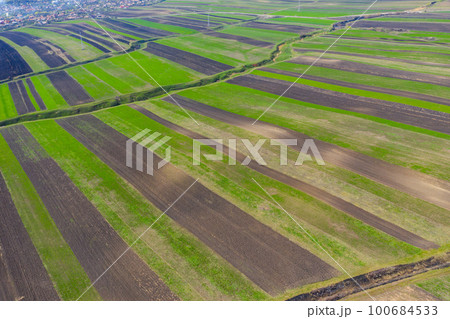Aerial drone view of agricultural fields of plowed crops Aerial drone view of agricultural fields of plowed crops 100684533