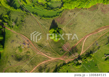 Aerial view of a countryside dirt road Aerial view of a countryside dirt road 100684535