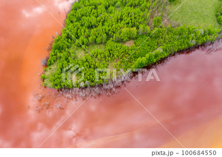 Aerial view of red waste water and green forest 100684550