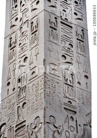 Egyptian hieroglyph on obelisk 100686633