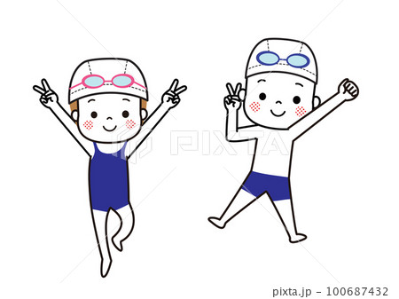 水泳　水着を着てジャンプしている男の子と女の子 100687432