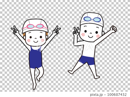 Swimming Boys and girls jumping in swimsuits 100687432