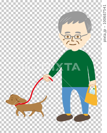 A senior man wearing glasses walks his small pet dog A senior man wearing glasses walks his small pet dog 100687541