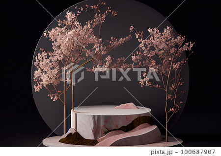 Cylinder podiums mockup with branch of gentle sakura flowers for geometric modern style for japanese style presentation cosmetic products, Generative AI Cylinder podiums mockup with branch of gentle sakura flowers for geometric modern style for japanese style presentation cosmetic products, Generative AI 100687907