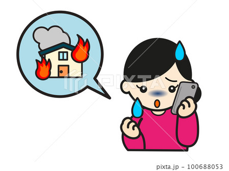 家の火災にについて電話する女性 家の火災にについて電話する女性 100688053