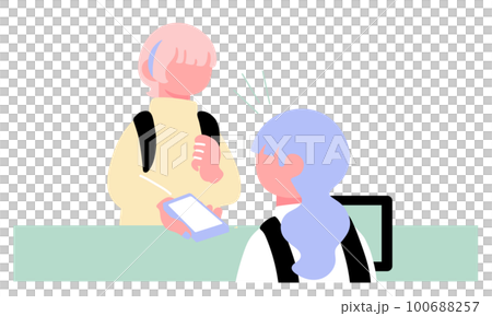 レジでスマートフォンを差し出す女性のイラスト レジでスマートフォンを差し出す女性のイラスト 100688257