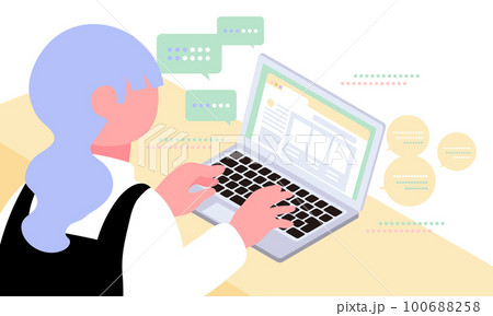 ノートパソコンと女性、チャット型AIを使うシーンをイメージしたイラスト　 100688258