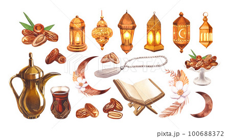 Watercolor set object ramadan. Hand-drawn illustration isolated on white background. Perfect for islamic celebration day ramadan kareem, eid al fitr adha, arabesque design. 100688372