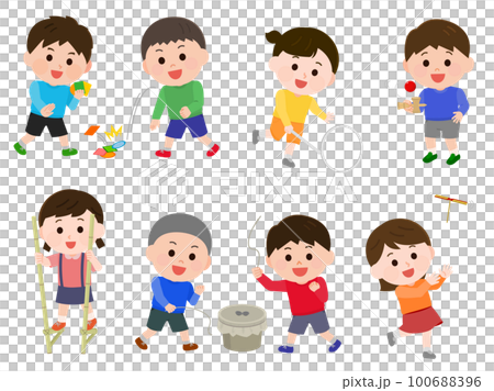 Children playing in old games Set Menko Begoma Stilts Bamboo dragonfly Spinning the rim Kendama illustration 100688396