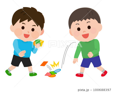 昔のおもちゃ　メンコで遊ぶ男の子たち　イラスト 100688397