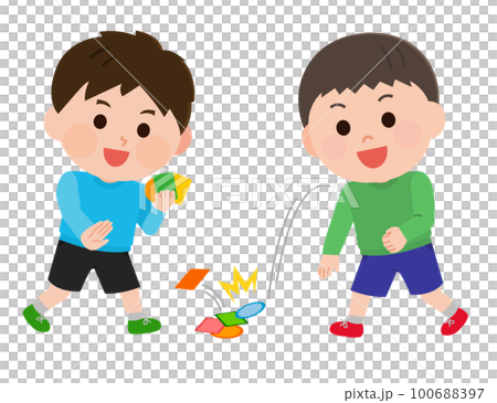 昔のおもちゃ　メンコで遊ぶ男の子たち　イラスト 100688397