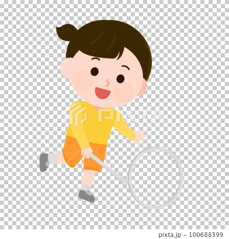 昔のおもちゃ　リム回しで遊ぶ女の子　イラスト 100688399