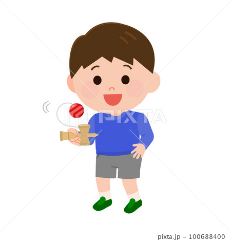 昔のおもちゃ　剣玉で遊ぶ男の子　イラスト 100688400