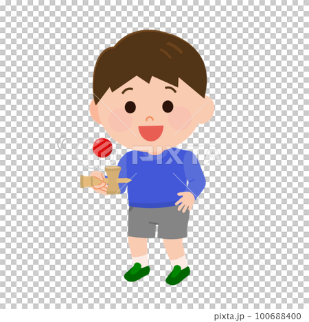 昔のおもちゃ　剣玉で遊ぶ男の子　イラスト 100688400