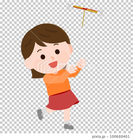 昔のおもちゃ　竹蜻蛉で遊ぶ女の子　イラスト 100688401