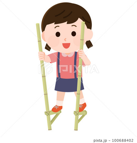 昔のおもちゃ　竹馬で遊ぶ女の子　イラスト 100688402