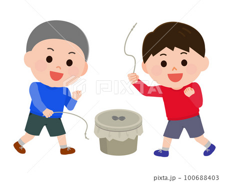 昔のおもちゃ　ベーゴマで遊ぶ男の子たち　イラスト 100688403