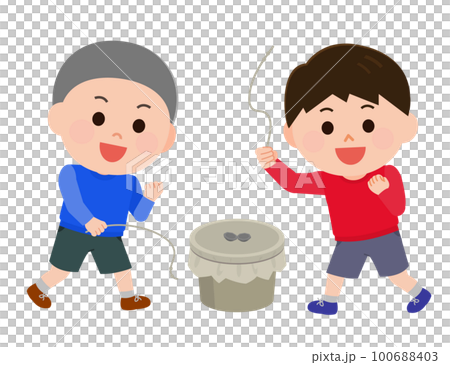 昔のおもちゃ　ベーゴマで遊ぶ男の子たち　イラスト 100688403