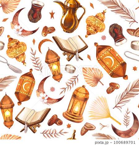 Watercolor painted seamless pattern islamic object. Hand-drawn illustration isolated on white background. For islamic celebration day ramadan kareem, eid al fitr adha, arab design. Watercolor painted seamless pattern islamic object. Hand-drawn illustration isolated on white background. For islamic celebration day ramadan kareem, eid al fitr adha, arab design. 100689701
