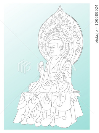 法隆寺薬師如来坐像と光背図 塗り絵用 青い背景 法隆寺薬師如来坐像と光背図 塗り絵用 青い背景 100689924