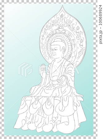 Horyuji Yakushi Nyorai seated statue and halo for coloring blue background 100689924