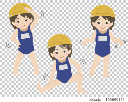 女孩在進入游泳池前熱身 學校泳裝 100690151