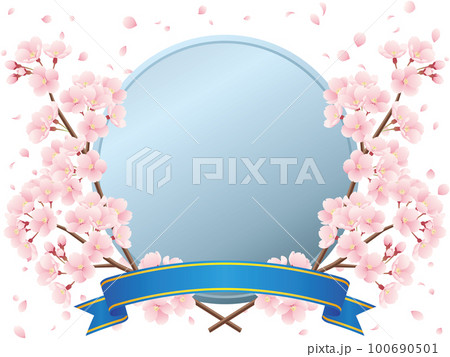 交差した桜の枝と桜吹雪、銀色メダルと青りぼんのイラスト 100690501