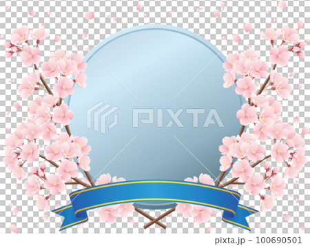 交差した桜の枝と桜吹雪、銀色メダルと青りぼんのイラスト 100690501