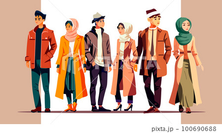 young people in traditional clothes men women friends standing together full length 100690688