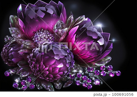 Amethyst druze crystal flowers. Magic fantastic gemstone flowers. Generative AI illustration Amethyst druze crystal flowers. Magic fantastic gemstone flowers. Generative AI illustration 100691056