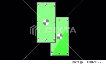 3D render of two smartphone with a green background. Rotating in screen. Green screen for easy keying with Alpha channel. Computer generated image. Easy customizable. 3D Illustration. 100691275