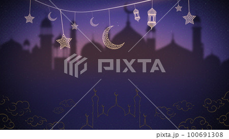 Ramadan Kareem Silhouette soft Background Loop. 3D rendering. Silhouette of Taj Mahal with particle glitter glow and crescent moon on soft background. 100691308