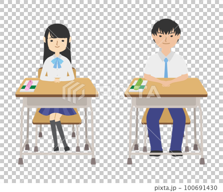 High school students in summer clothes seated (red) High school students in summer clothes seated (blue) High school students in summer clothes seated (red) High school students in summer clothes seated (blue) 100691430