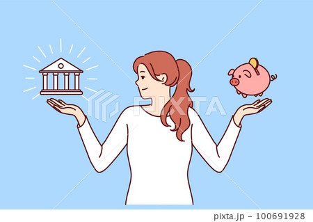 Woman chooses between bank deposit and saving money in piggy bank while planning budget Woman chooses between bank deposit and saving money in piggy bank while planning budget 100691928
